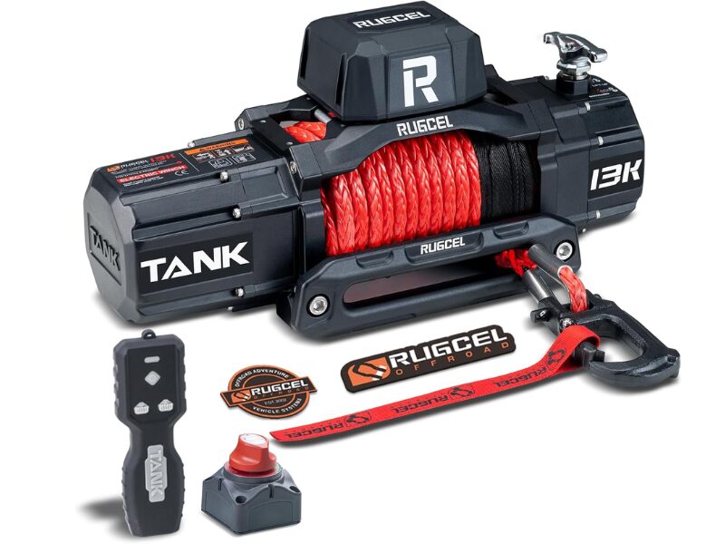 Heavy duty RUGCEL 13500lb synthetic rope winch with waterproof steel housing for trucks and SUVs.