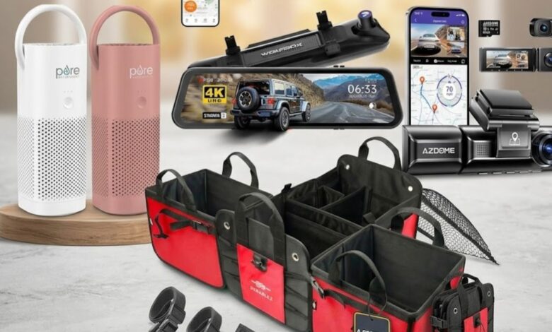A curated selection of practical car accessories including phone mounts, floor mats, seat organizers, and emergency tools laid out neatly for comparison.