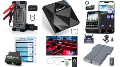 Top best car accessories 2025 including dash cam, CarPlay adapter, jump starter, OBD2 scanner, and SUV air mattress