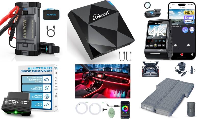 Top best car accessories 2025 including dash cam, CarPlay adapter, jump starter, OBD2 scanner, and SUV air mattress