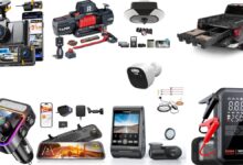 A collection of top car safety and daily life essentials for 2025, including dash cams, jump starters, portable refrigerators, air compressors, smart garage tech, and in-car accessories.