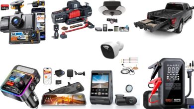 A collection of top car safety and daily life essentials for 2025, including dash cams, jump starters, portable refrigerators, air compressors, smart garage tech, and in-car accessories.