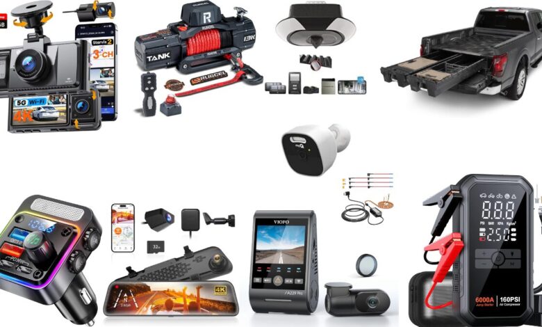 A collection of top car safety and daily life essentials for 2025, including dash cams, jump starters, portable refrigerators, air compressors, smart garage tech, and in-car accessories.