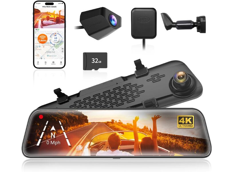 WOLFBOX G840S 4K mirror dash cam with wide angle front lens.