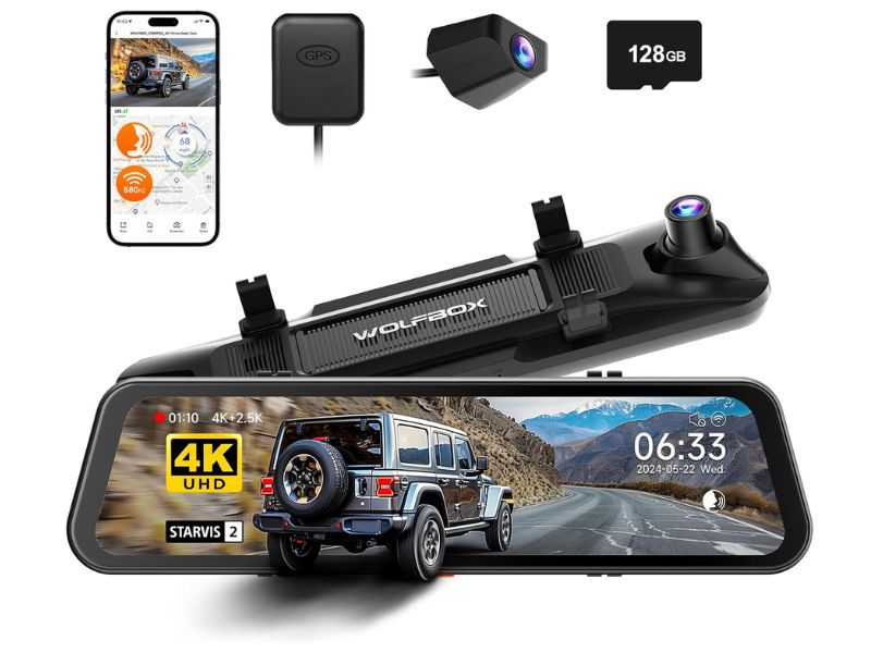 WOLFBOX G900 PRO mirror dash cam mounted on a car rearview mirror, showing dual front and rear recording functionality.