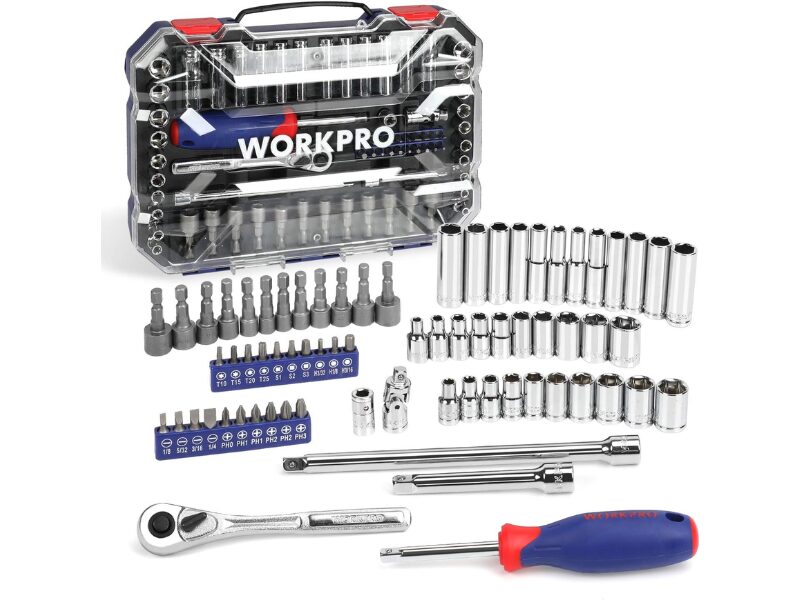 WORKPRO 70-Piece 1/4-Inch Drive Socket Set with ratchet and metric SAE sockets