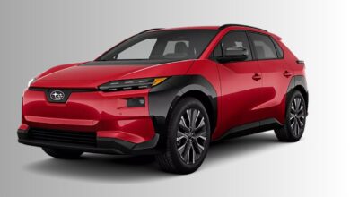 2026 Subaru Solterra electric SUV front three-quarter view showcasing updated LED headlights and redesigned front fascia