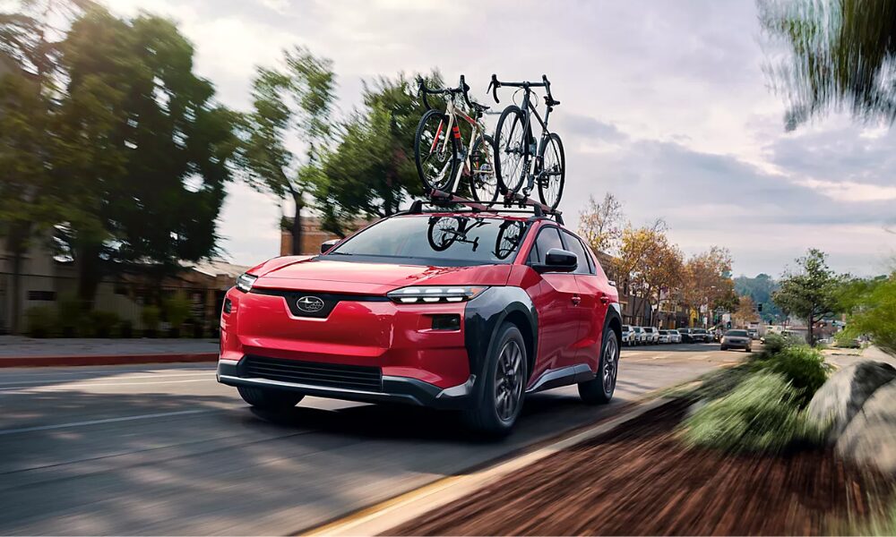 2026 Subaru Solterra electric SUV front three-quarter view showcasing updated LED headlights and redesigned front fascia