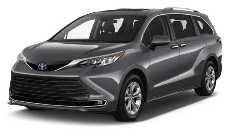 2023 Toyota Sienna front view showcasing its modern hybrid minivan design