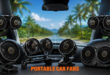 Portable car cooling fans inside vehicle cabin for summer driving comfort