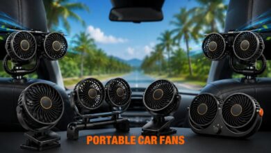 Portable car cooling fans inside vehicle cabin for summer driving comfort