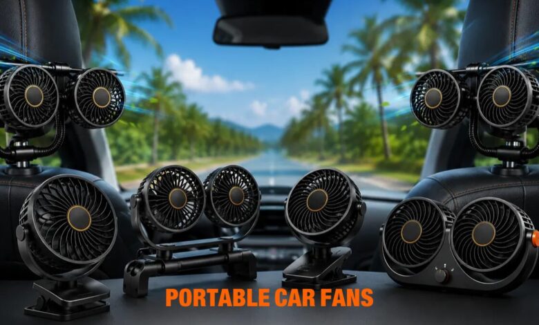 Portable car cooling fans inside vehicle cabin for summer driving comfort