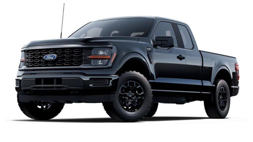 2023–2026 Ford F-150 trim comparison featuring STX, XLT, and Raptor models with a black Ford F-150 truck at sunset