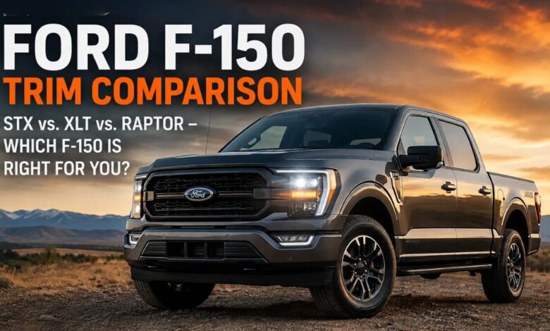 2023–2026 Ford F-150 trim comparison featuring STX, XLT, and Raptor models with a black Ford F-150 truck at sunset