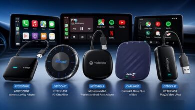 Best wireless CarPlay adapters and AI boxes for 2026 comparison featuring OTTOCAST, Carlinkit, Motorola, and Magic AI Box devices