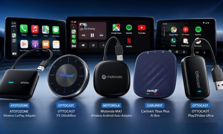 Best wireless CarPlay adapters and AI boxes for 2026 comparison featuring OTTOCAST, Carlinkit, Motorola, and Magic AI Box devices
