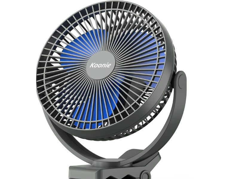 Koonie rechargeable clip-on fan attached inside SUV with adjustable airflow