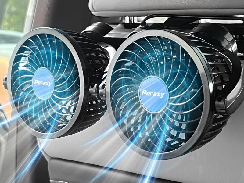 Poraxy dual-head rear seat car cooling fan mounted on SUV headrest