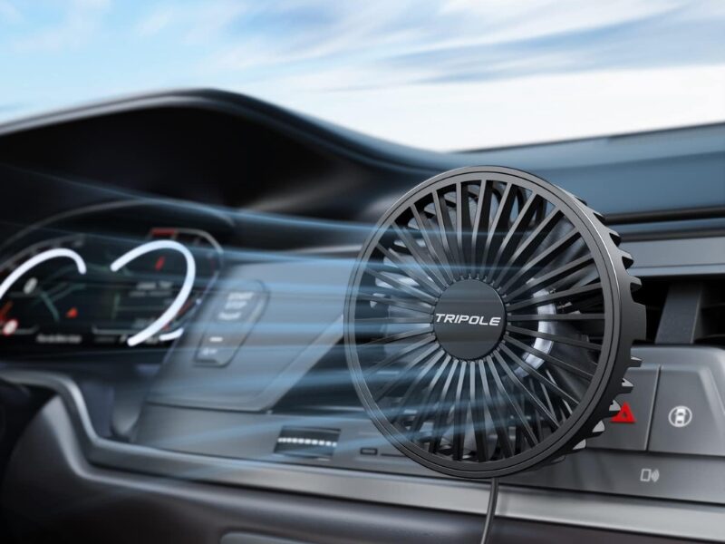 TriPole compact USB car vent fan with adjustable airflow inside vehicle cabin