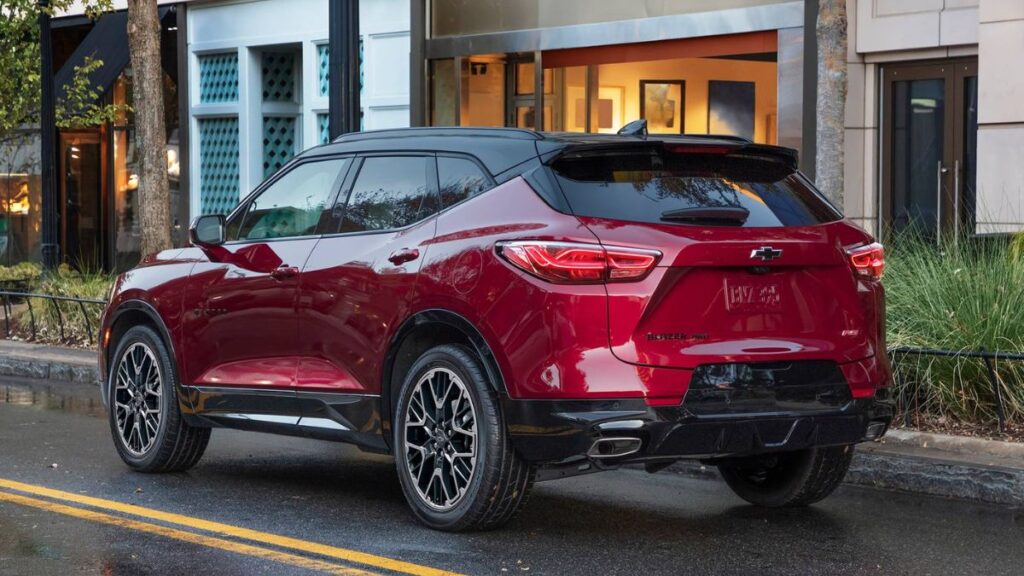 2023 Chevrolet Blazer rear view showing LED taillights and sporty SUV stance.