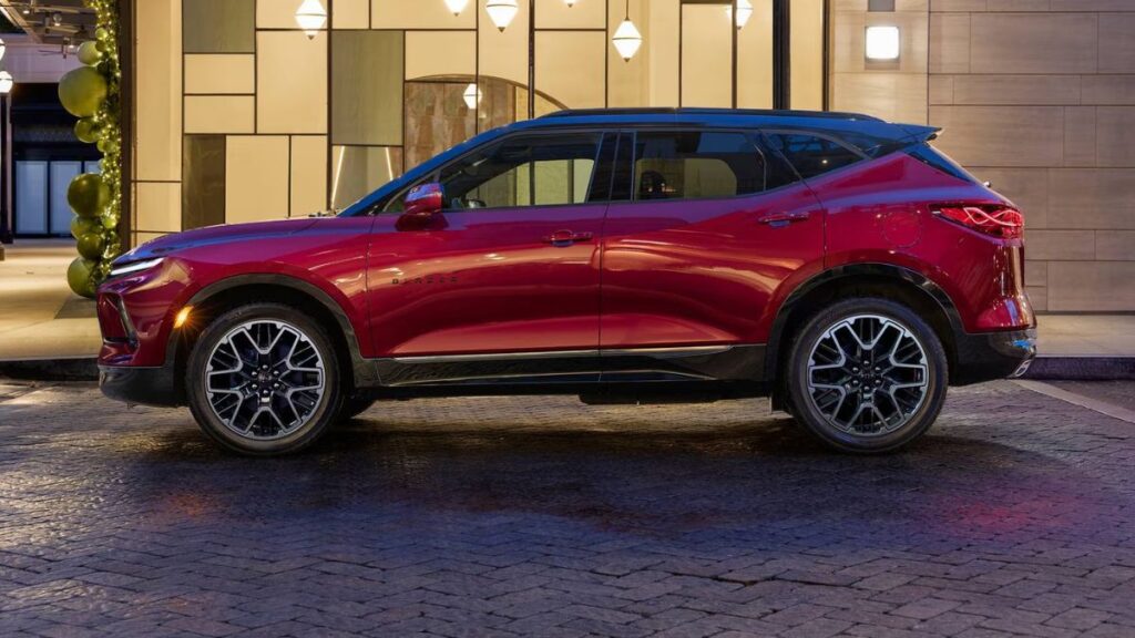 2023 Chevrolet Blazer side profile showing sporty SUV proportions and sloping roofline.