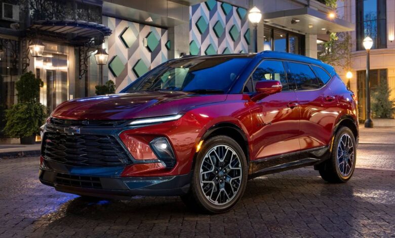 2023 Chevrolet Blazer front view showing bold grille and sporty midsize SUV styling.
