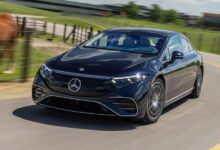 2023 Mercedes-Benz EQS front view showcasing futuristic luxury EV design and LED light bar