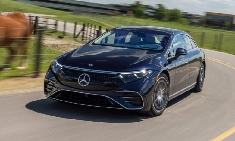 2023 Mercedes-Benz EQS front view showcasing futuristic luxury EV design and LED light bar