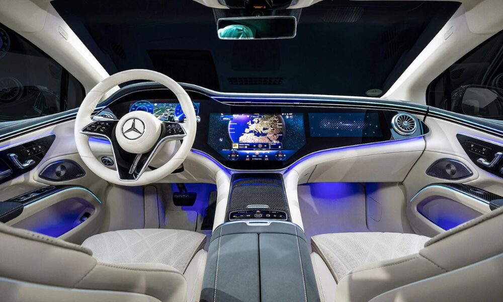 2023 Mercedes-Benz EQS interior featuring MBUX Hyperscreen and premium luxury materials