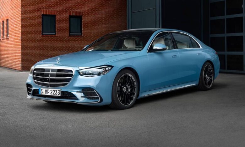 2023 Mercedes-Benz S-Class front view showcasing flagship luxury sedan design and LED headlights