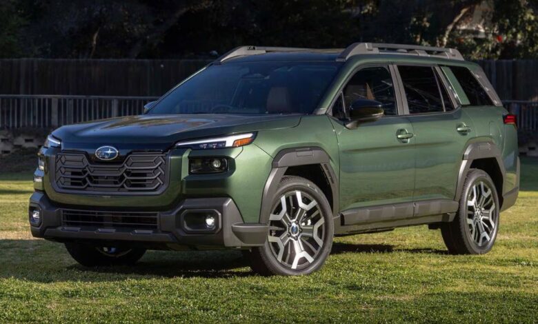 2026 Subaru Outback front view showing redesigned grille and vertical headlights