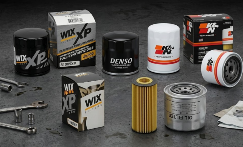 Five oil filters from Beck/Arnley, Motorcraft, K&N, Denso, and WIX