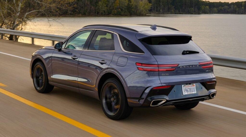 Rear three-quarter view of the 2027 Genesis GV70 driving away on the road