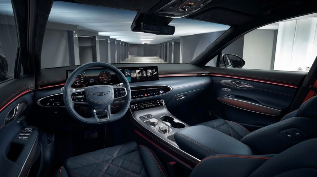 Interior of the 2027 Genesis GV70 showing the dashboard, digital display, and front seats