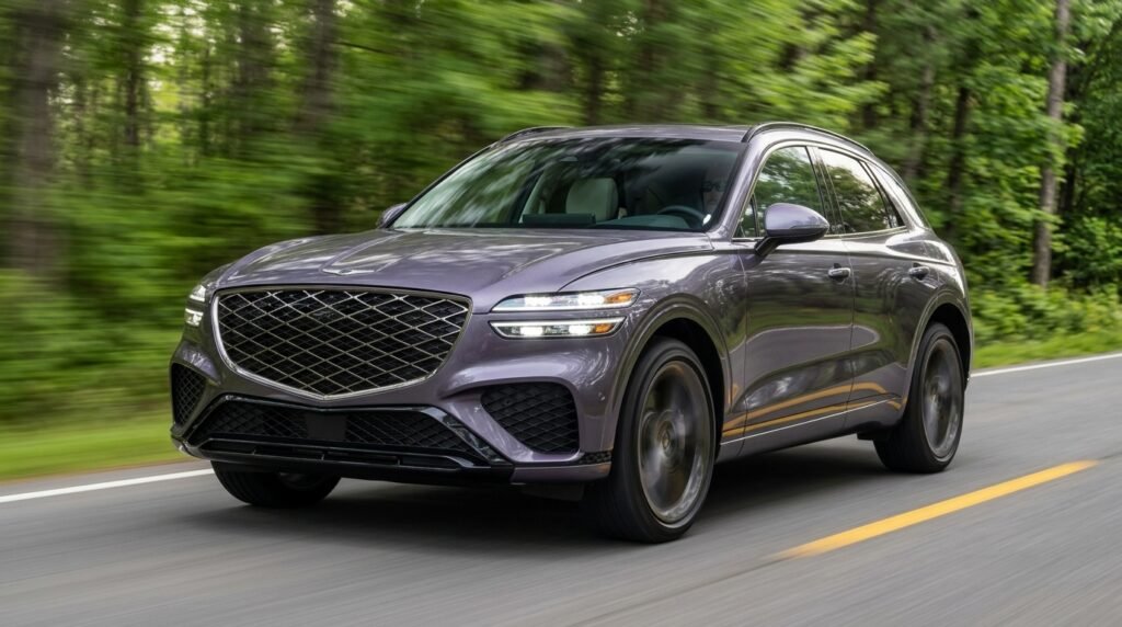 Front three-quarter view of the 2027 Genesis GV70 driving on the road